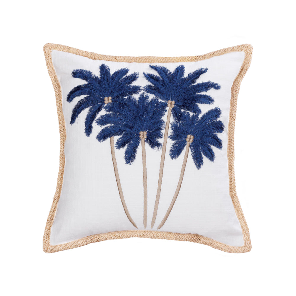 Cushion Blue on Bali White Linen Palms - 45 x 45 cm